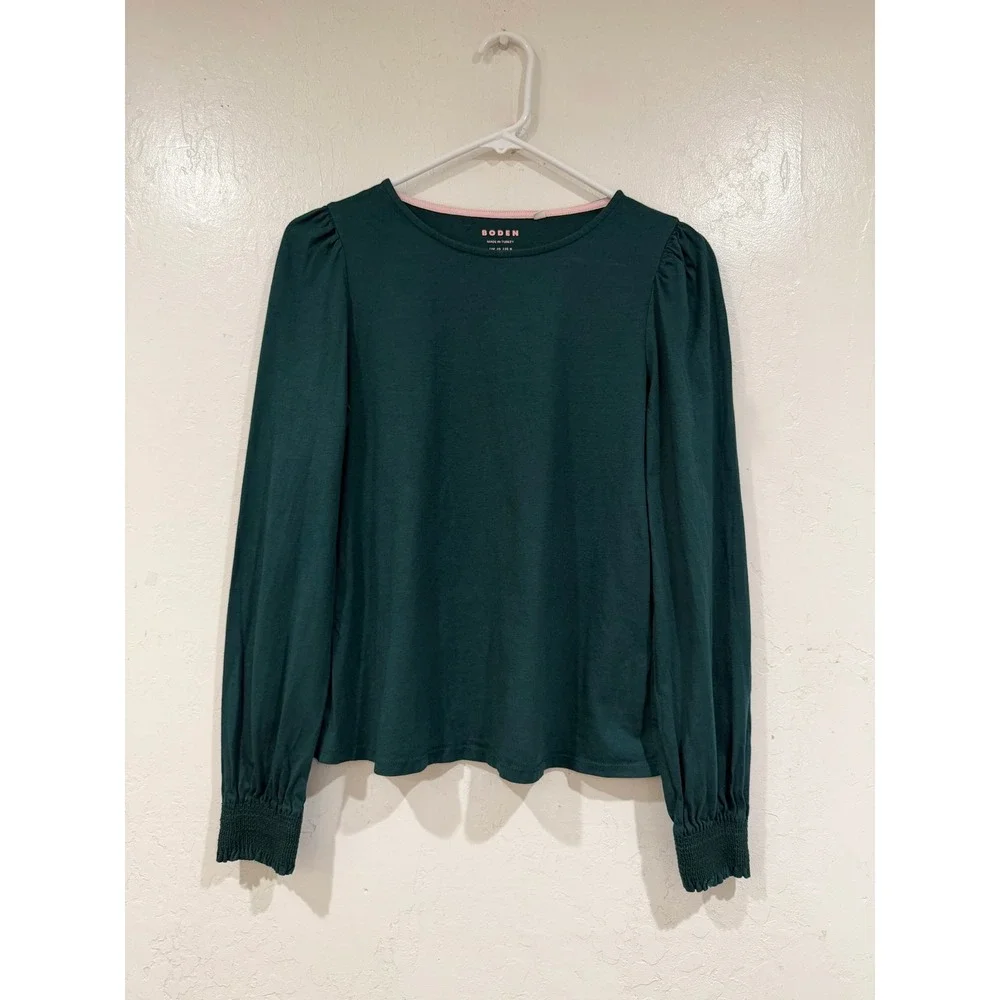Boden Forest Green Puff Shoulder Smocked Cuff Top Cotton Modal US 8